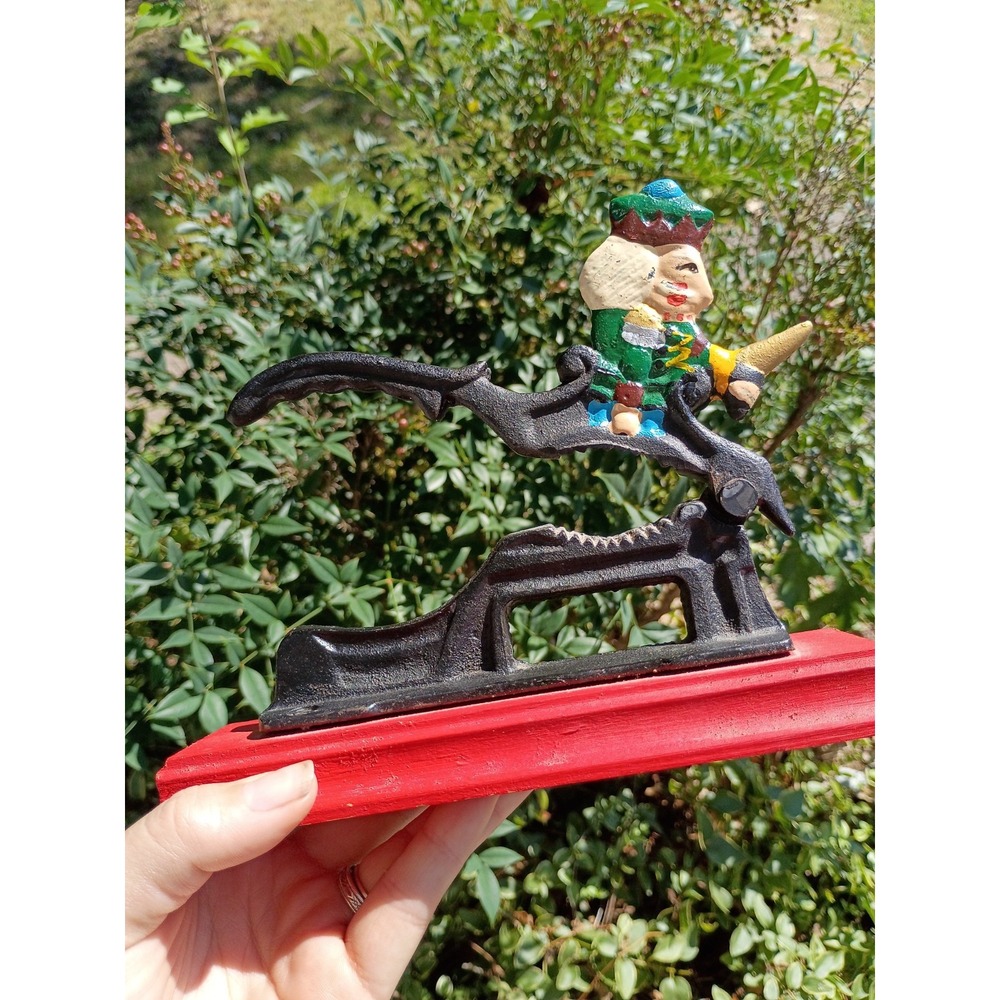 Cast Iron Nut Cracker On Wooden Stand Vintage Soldier In Dress Uniform W/Sword